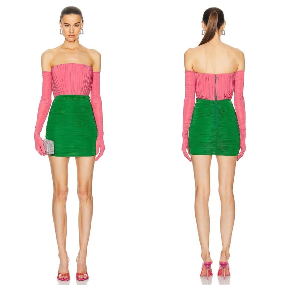 ALEX PERRY Ruched Strapless Jersey Pink and Green Mini Dress with Gloves Size 6